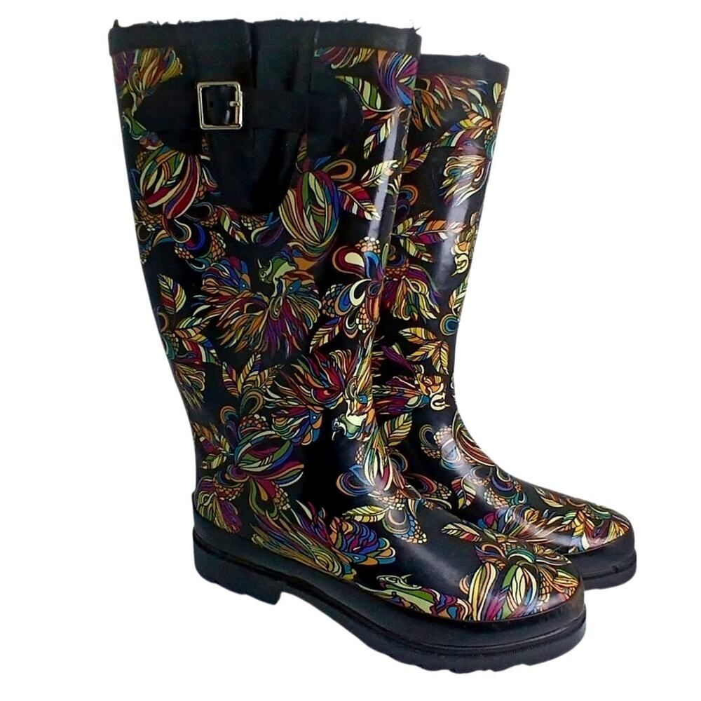 Designer Sakroots Womens Black Rain Boots with Colorful Birds Designs - Size 8